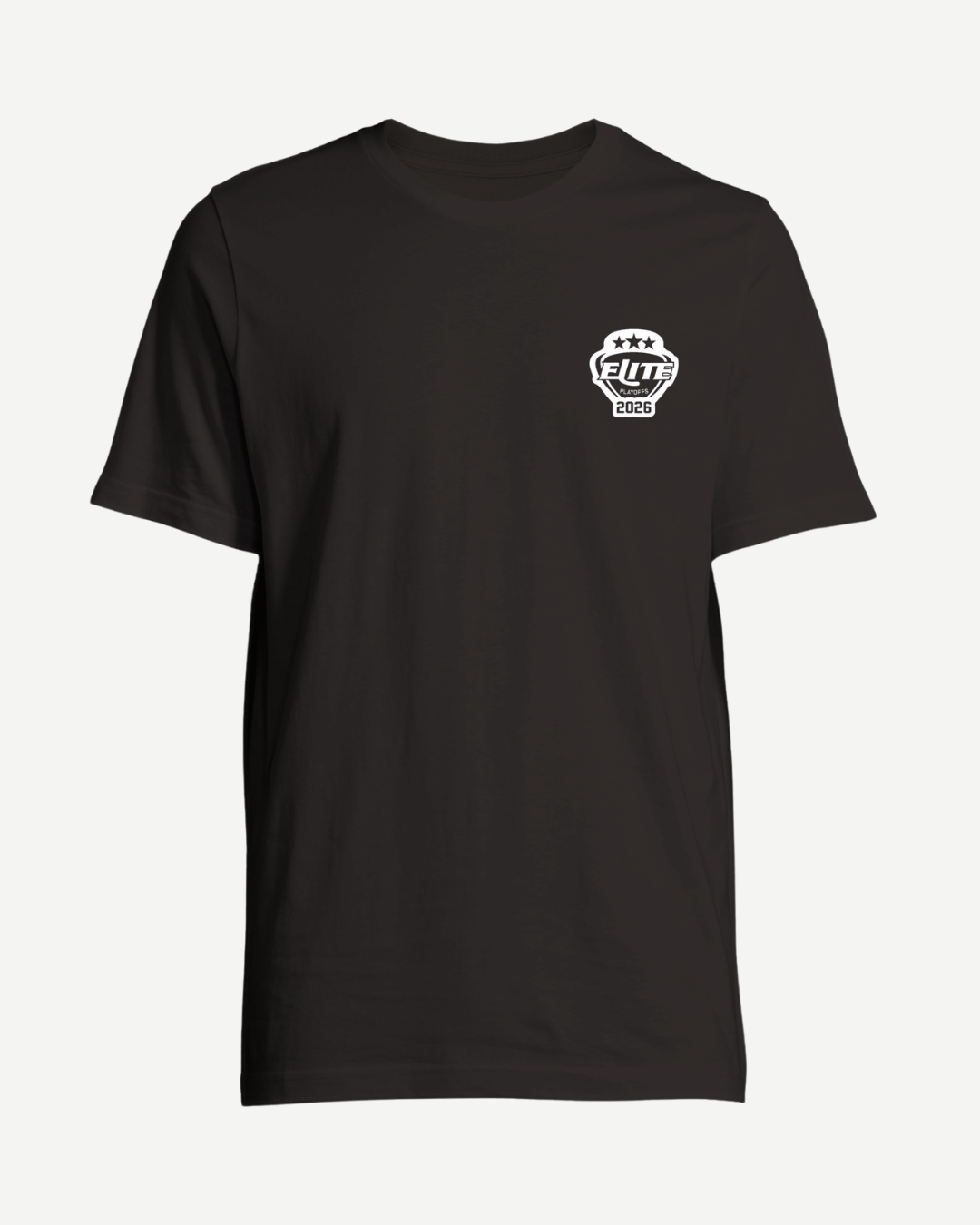 The EIHL 2026 Playoffs Teams Lettering T-Shirt Black from the Elite Ice Hockey League Store is a black unisex short-sleeve tee, made-to-order and shown on a plain white background.