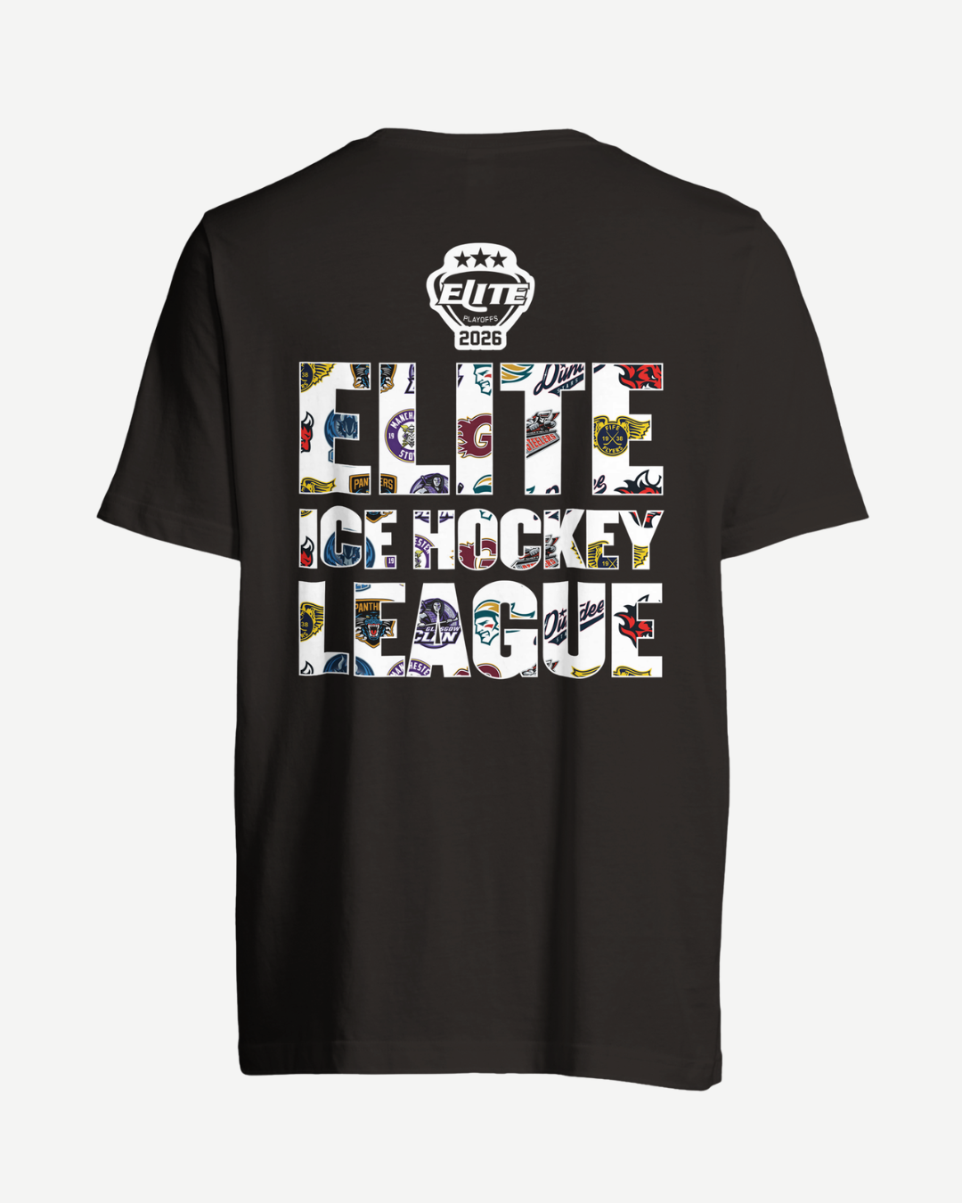 The EIHL 2026 Playoffs Teams Lettering T-Shirt Black from Elite Ice Hockey League Store features bold “ELITE ICE HOCKEY LEAGUE” text and team logos on the back, with an ELITE 2026 emblem above—an eco-friendly choice for hockey fans.