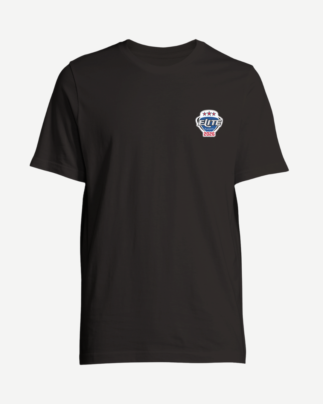 The Elite Ice Hockey League Store’s EIHL 2026 Playoffs Teams T-Shirt Black is a made-to-order unisex tee with a small, colorful "ELITE 2008" stars emblem on the left chest. Background shown in white.