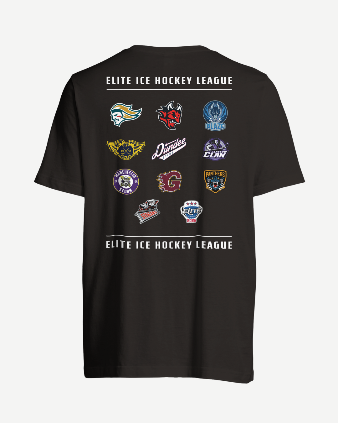 The EIHL 2026 Playoffs Teams T-Shirt Black from Elite Ice Hockey League Store features ten team logos in a grid with "ELITE ICE HOCKEY LEAGUE" in white above and below. Each made-to-order shirt is an eco-conscious unisex choice.