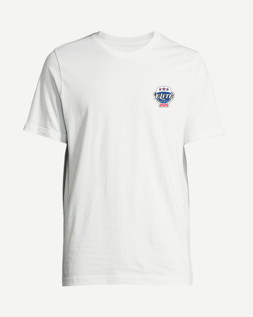 The EIHL 2026 Playoffs Teams T-Shirt White from Elite Ice Hockey League Store is a high-quality cotton unisex tee with a small, round multicolored patch on the left chest featuring stars and "ELITE 2006" text.