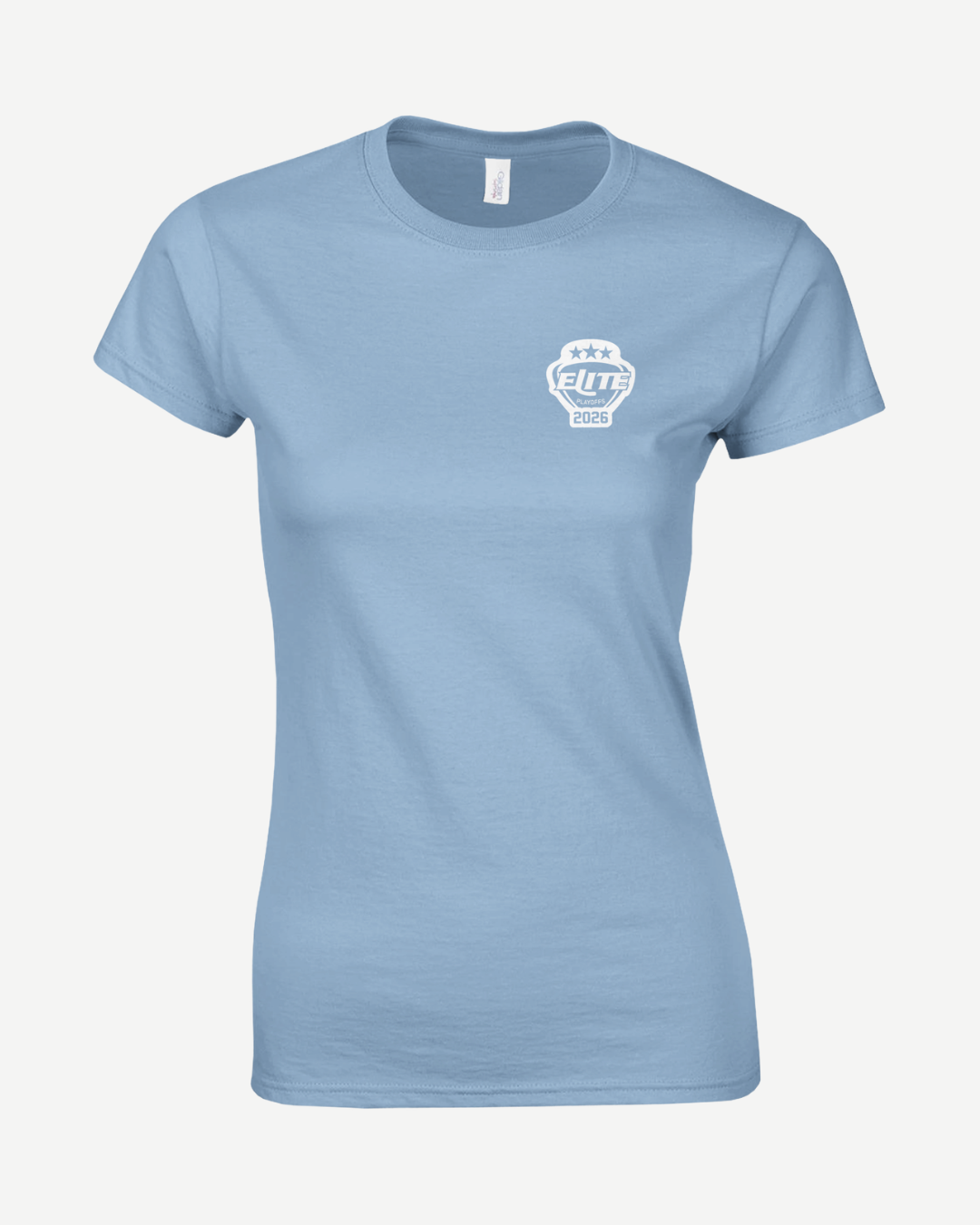 The EIHL 2026 Playoffs Teams Classic Women’s Crewneck T-shirt in light blue from Elite Ice Hockey League Store is made-to-order from 100% ring spun cotton, and features a small white logo with stars and ELITE 2025 on the left chest. Displayed on a white background.
