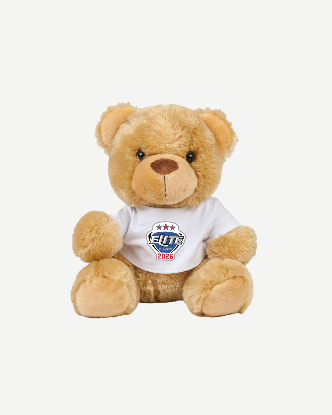 A light brown EIHL 2026 Playoffs Teddy Bear from Elite Ice Hockey League Store sits facing forward, wearing a white T-shirt with a FUT 2026 logo and three stars above "FUT" on a plain white background.