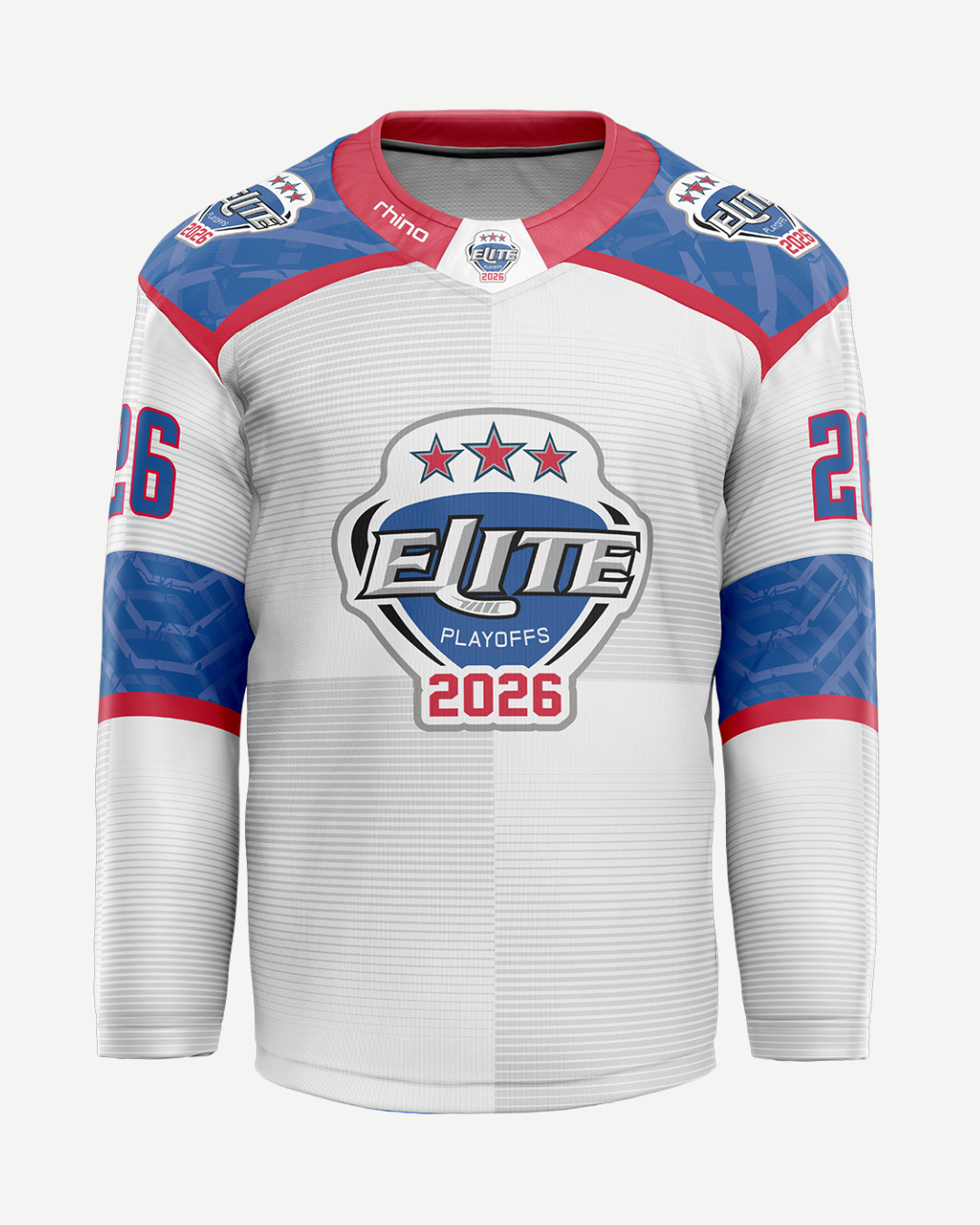 The 2026 EIHL Playoffs Jersey from Elite Ice Hockey League Store is a white jersey with red and blue accents, bold "Elite Playoffs 2026" text and three stars on the chest, plus the number 26 on both sleeves for a striking athletic style.