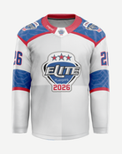 The 2026 EIHL Playoffs Jersey from Elite Ice Hockey League Store is a white jersey with red and blue accents, bold "Elite Playoffs 2026" text and three stars on the chest, plus the number 26 on both sleeves for a striking athletic style.