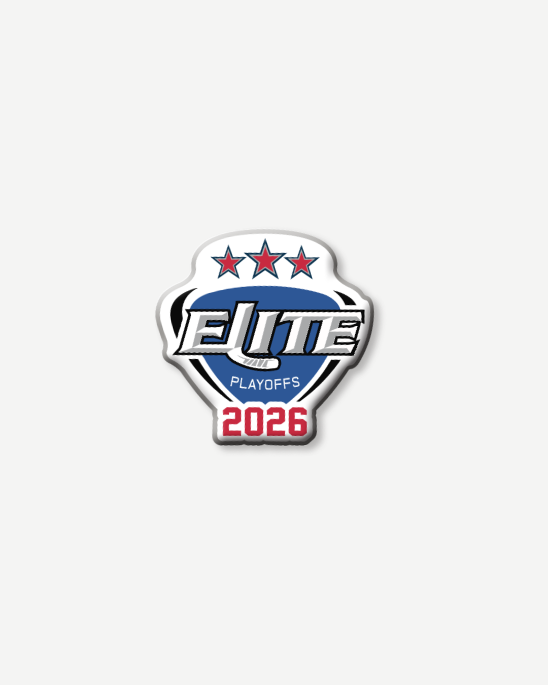 The EIHL 2026 Playoffs Pin Badge from Elite Ice Hockey League Store features three red stars above a blue circle with "ELITE" and a hockey puck, plus "PLAYOFFS" in white and "2026" in bold red below.