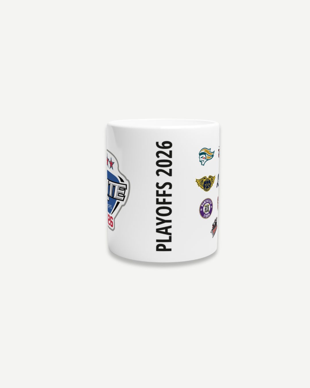 The EIHL 2026 Playoffs White 11oz Ceramic Mug from the Elite Ice Hockey League Store features "PLAYOFFS 2026" text, colorful team logos, and a playoff emblem. This made-to-order mug is dishwasher safe with a plain white background.