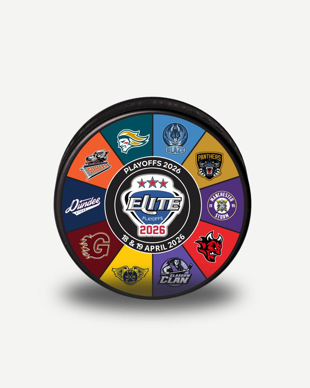 The EIHL Playoffs 2026 Team Puck from the Elite Ice Hockey League Store features logos of ten teams in a circle around the Elite Playoffs 2026 logo, with event dates 18 & 19 April 2026 displayed below.