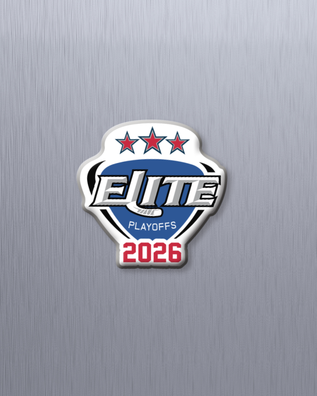 The EIHL 2026 Playoffs Magnet from the Elite Ice Hockey League Store features ELITE with a hockey stick, three red stars above, PLAYOFFS below, and 2026 in red at the bottom on a metallic background.