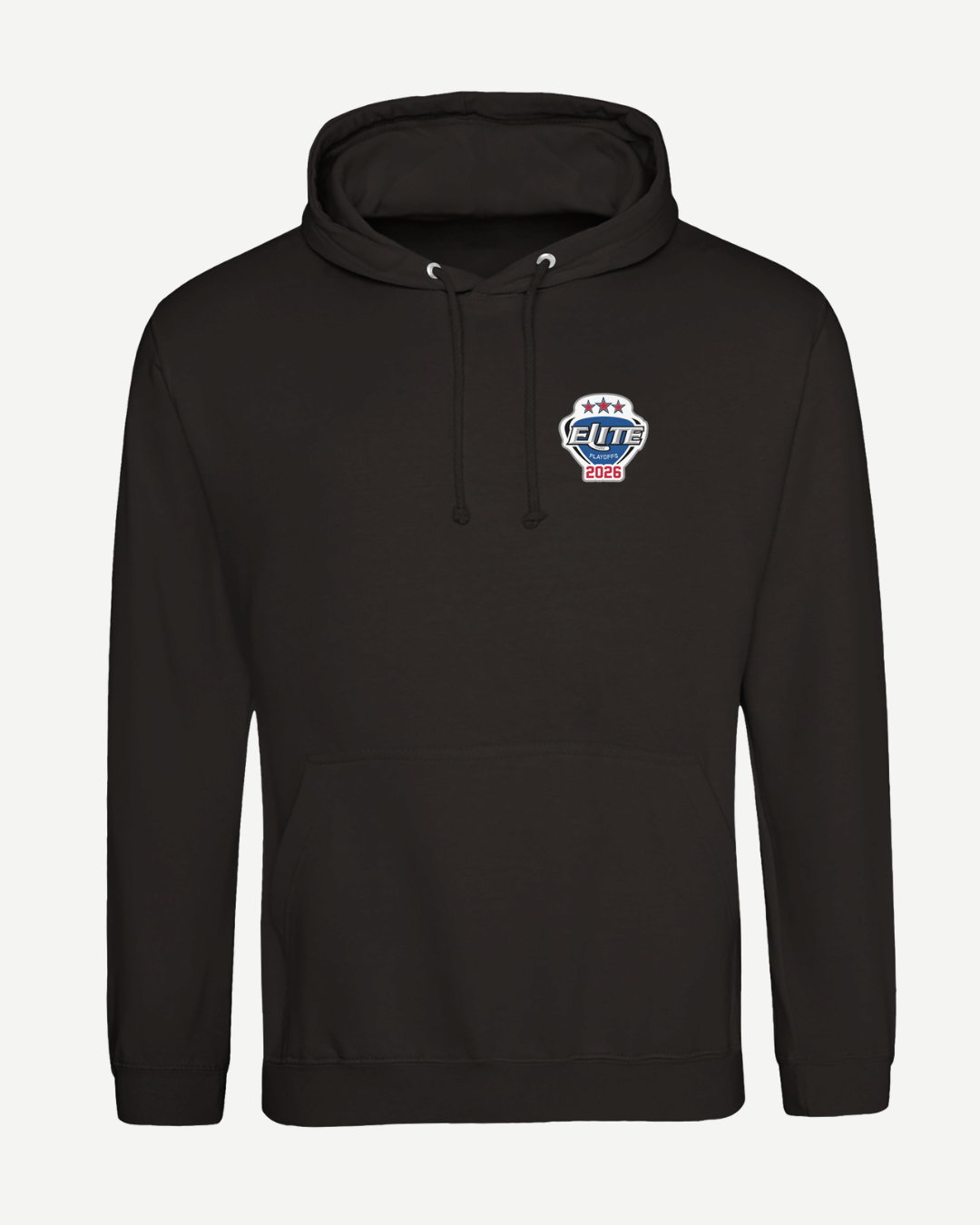 The EIHL 2026 Playoffs Teams Pullover Hoodie Black from Elite Ice Hockey League Store is a black unisex fit with a small crest—three stars above "ELITE" and "2006" in red—plus a front pocket, drawstrings, and classic style for true fans.