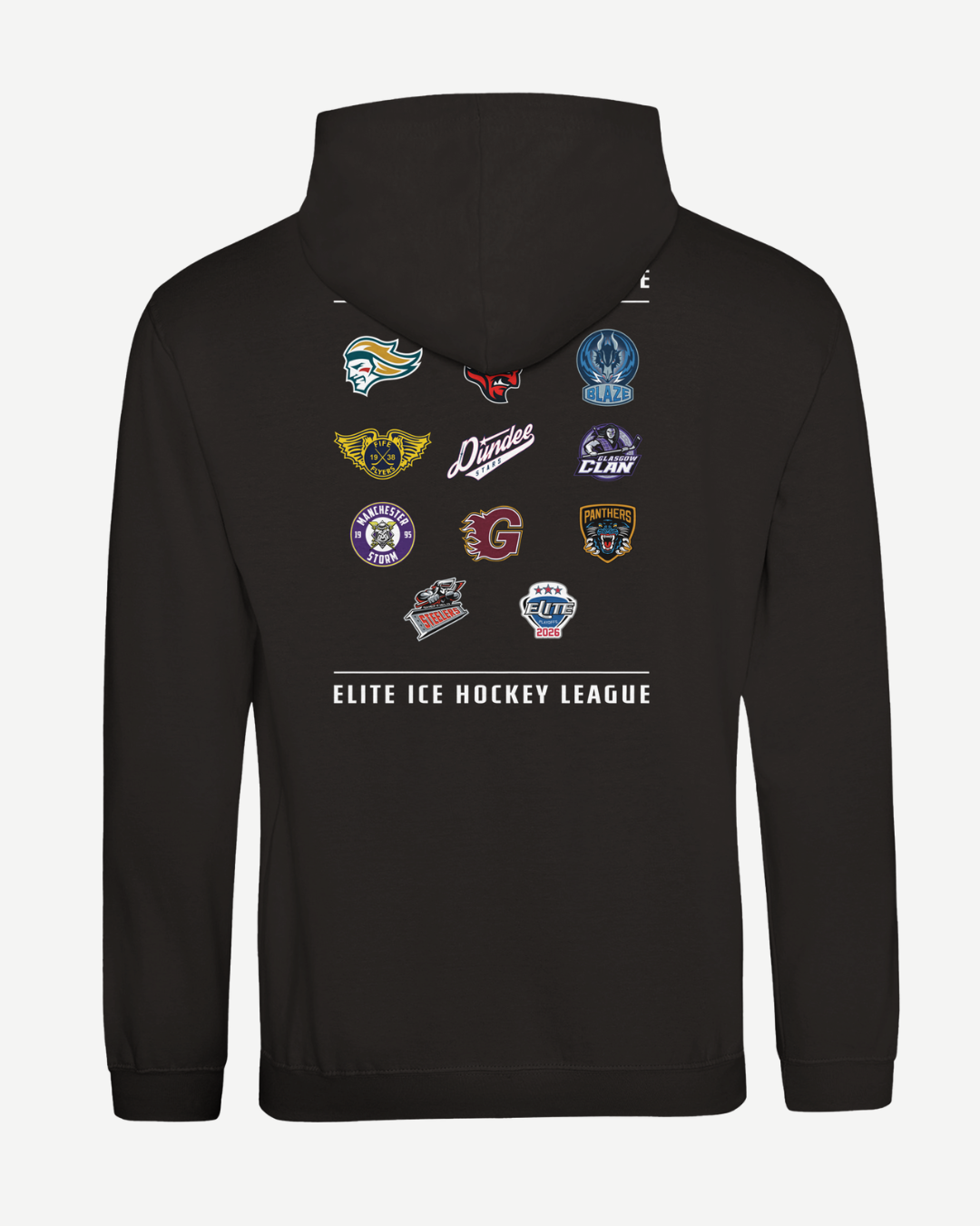 Show your support with the EIHL 2026 Playoffs Teams Pullover Hoodie Black from the Elite Ice Hockey League Store, featuring team logos and ELITE ICE HOCKEY LEAGUE on the back. A perfect, made-to-order hoodie for any true EIHL fan.