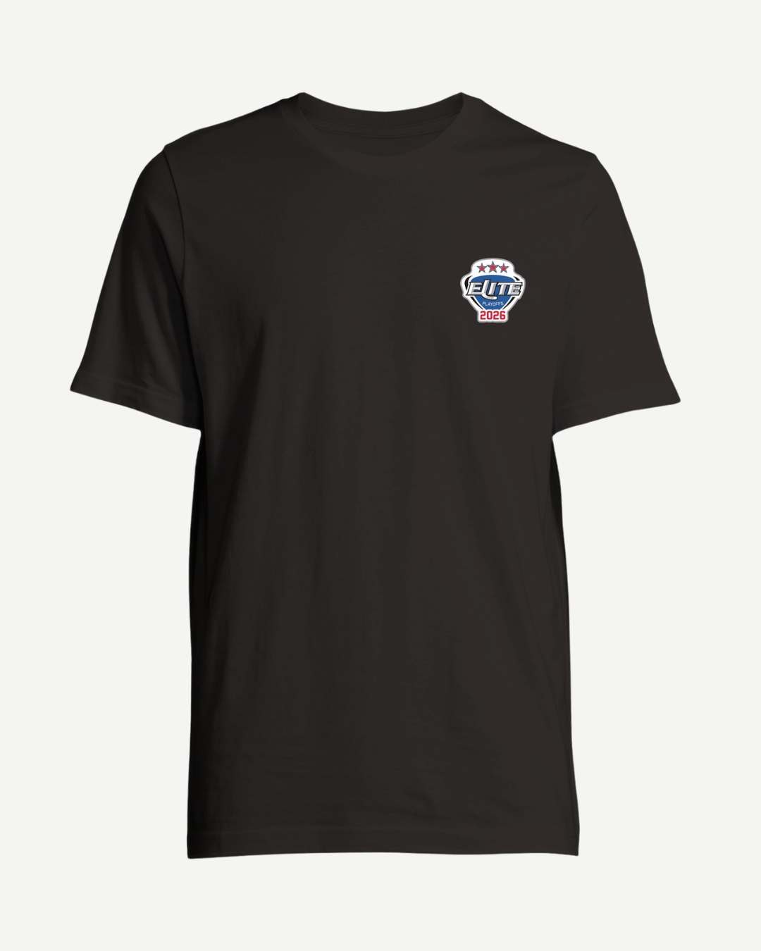 The Elite Ice Hockey League Store's EIHL 2026 Playoffs Teams Emblem T-Shirt Black is a unisex tee with a small, colorful emblem on the left chest, shown eco-consciously against a white background.