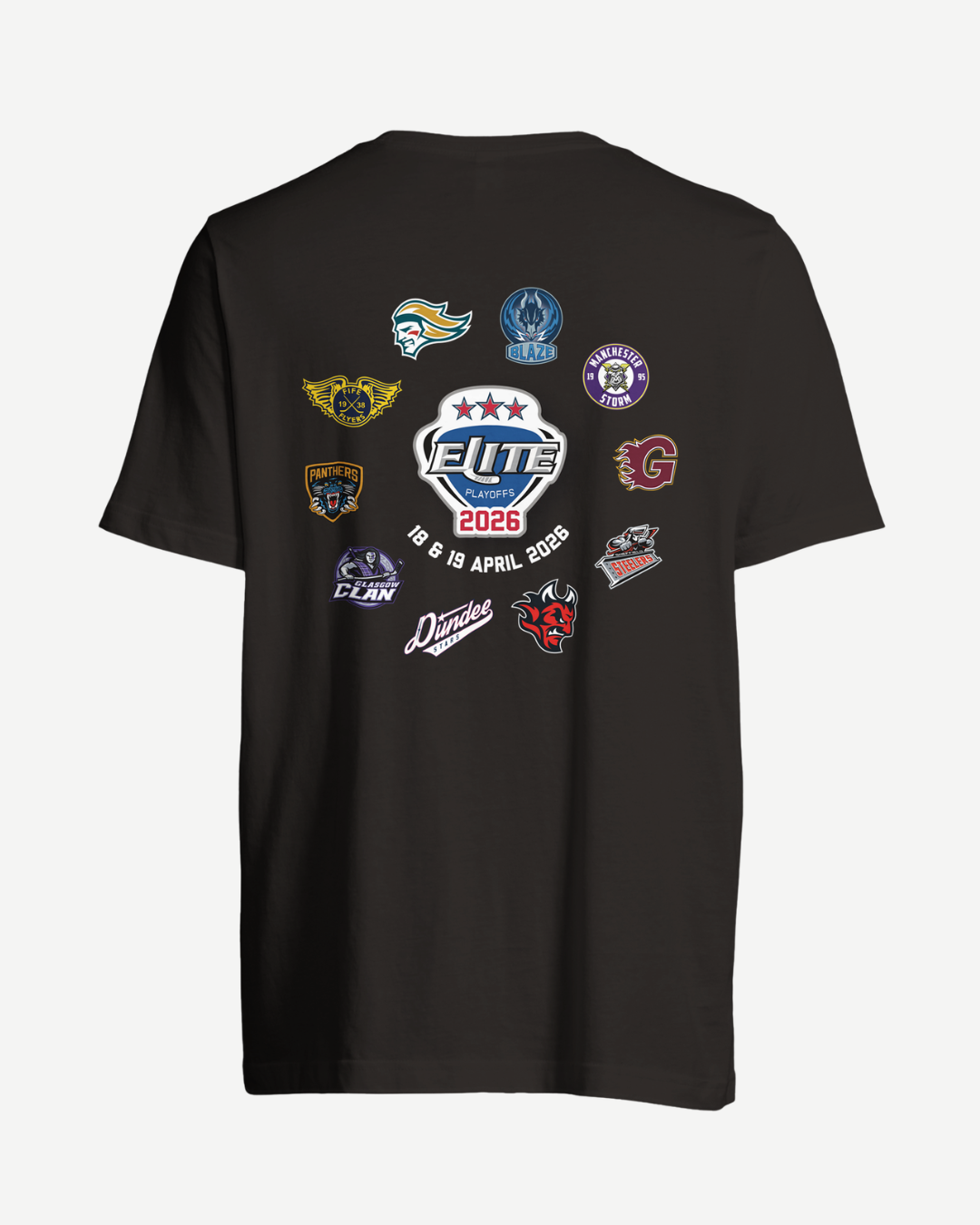The EIHL 2026 Playoffs Teams Emblem T-Shirt Black from Elite Ice Hockey League Store features the ELITE 2026 logo and April 18 & 19, 2026 date on the back, with nine team logos in a semi-circle. This eco-friendly, made-to-order tee is ideal for fans.