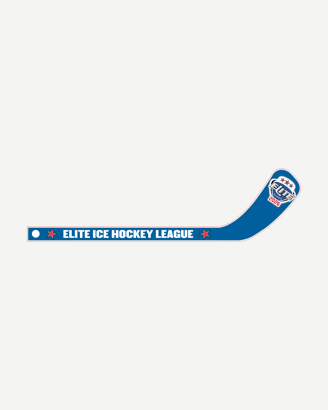 The EIHL 2026 Playoffs Mini Hockey Stick from Elite Ice Hockey League Store is blue, features "ELITE ICE HOCKEY LEAGUE" in white with red stars on both sides, and has the league logo on the blade.